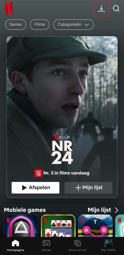Screenshot van de Netflix-app op een smartphone, met de downloadknop gemarkeerd.