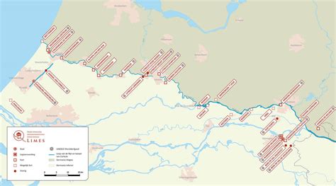 Illustratie van de Romeinse Limes, de verdedigingslinie langs de Rijn.