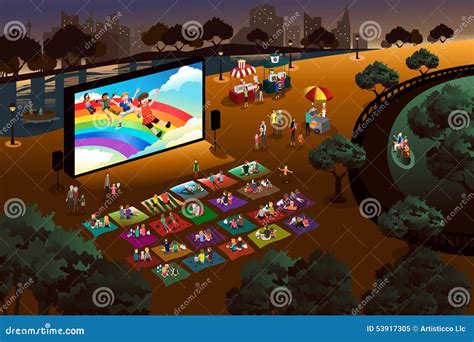 Illustratie van een zomers plein met mensen die genieten van een openluchtfilm.