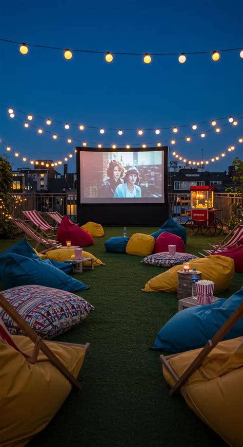 Een sfeerbeeld van een openluchtbioscoop met lichtslingers en comfortabele zitplaatsen.