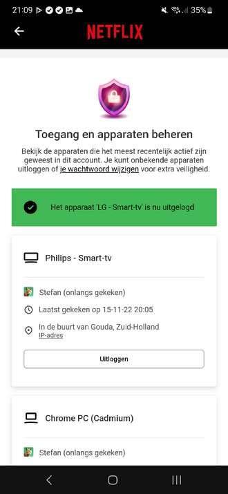 Screenshot van de Netflix-accountpagina met de optie 'Uitloggen bij alle apparaten' gemarkeerd