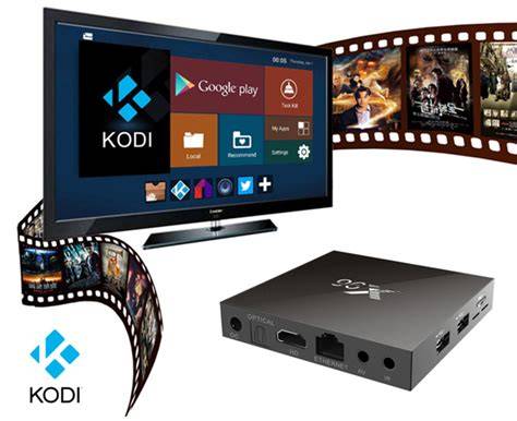 Illustratie van een moderne mediaspeler met Kodi-interface en diverse streaming-iconen.