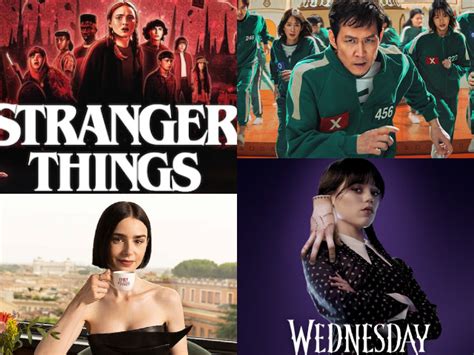 Collage van posters van de meest populaire Netflix series en films zoals Stranger Things, Wednesday en Red Notice.
