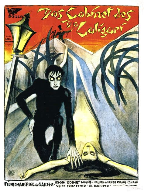 Collage van iconische posters van Duitse expressionistische films zoals 'Das Cabinet des Dr. Caligari' en 'Metropolis'.
