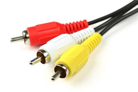 Illustratie van een A/V-kabel met rode, gele en witte pluggen