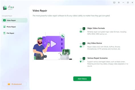 Illustratie van de EaseUS Fixo Video Repair interface met knoppen voor het toevoegen en repareren van video's.