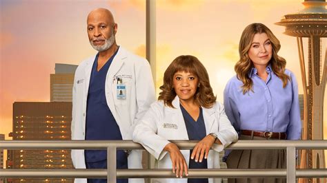 Collage van de belangrijkste terugkerende en vertrekkende personages in seizoen 17 van Grey's Anatomy, met Patrick Dempsey, T. R. Knight, Chyler Leigh, Eric Dane, Giacomo Gianniotti, Jesse Williams en Greg Germann.