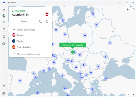 Screenshot van de NordVPN-interface met een serverlocatie geselecteerd en verbonden.