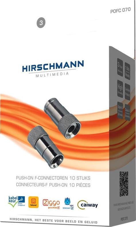 Gedetailleerde afbeelding van de Hirschmann POFC070 F-connector met het Kabel Keur logo.