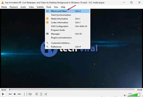 Screenshot van het 'Effecten en filters' menu in VLC met de Geometrie-tab geselecteerd.