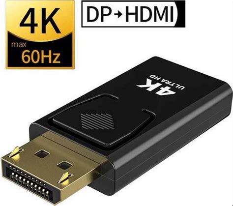 Een visuele weergave van een actieve DisplayPort naar HDMI adapter met de verschillende connectoren en de conversiechip.