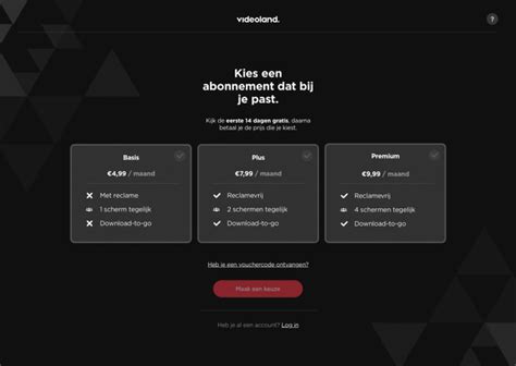 Visuele representatie van de verschillende Videoland abonnementen (Basis, Plus, Premium) met hun kenmerken en prijzen.