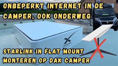 Illustratie van een camper met een Starlink schotel op het dak, verbonden met de satellieten.