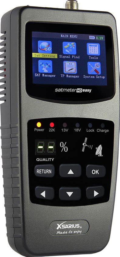 Schematische weergave van de Xsarius HD Easy satellietmeter met zijn belangrijkste functies.