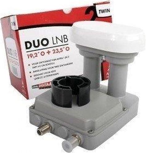 Illustratie van een DUO LNB die op een schotel is gemonteerd, met pijlen die de ontvangst van signalen van twee verschillende satellieten aangeven.