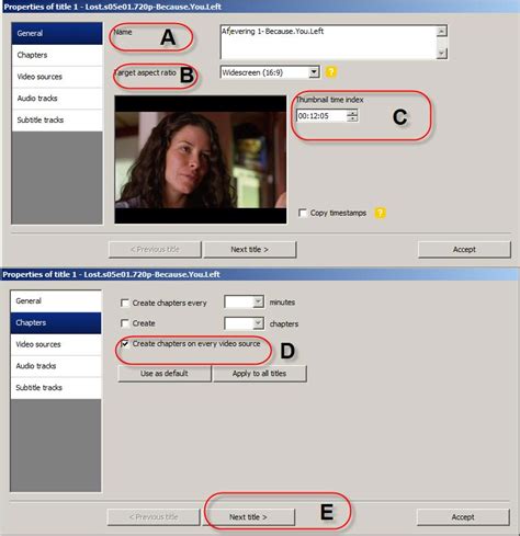 Bewerken venster van een videoclip in DVD Flick, met opties voor Naam, Aspect Ratio en Hoofdstukinstellingen.