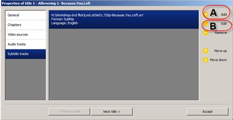 Tabblad Subtitle tracks in DVD Flick, waar ondertitelbestanden kunnen worden toegevoegd en de taal en positie kunnen worden aangepast.