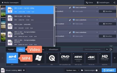 Screenshot van de interface van een desktop M2TS naar MP4 converter met opties voor formaatselectie en bewerking.