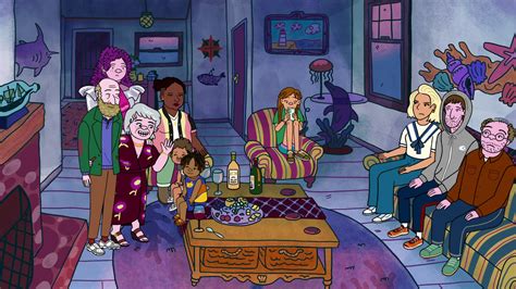 Animatie-screenshot van Long Story Short, met een familie die door verschillende tijdsperioden reist.