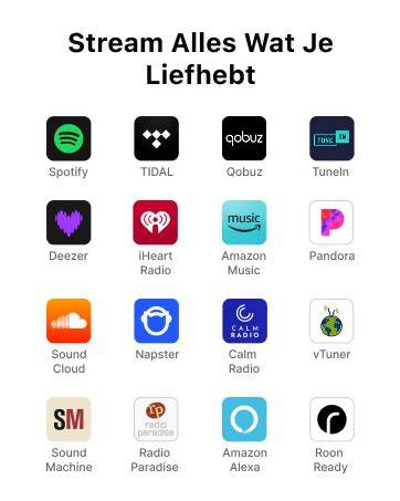 Infographic met logo's van populaire muziekstreamingdiensten en hun belangrijkste kenmerken (geluidskwaliteit, prijs, aanbod)