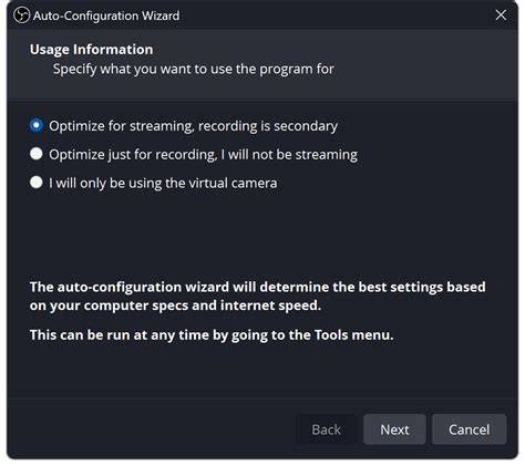 Screenshot van de Auto-Configuration Wizard in OBS Studio.