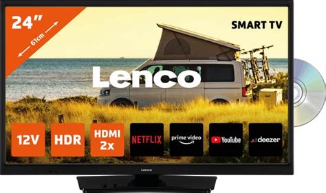 Ontwerp van de Lenco DVL-2483BK (V2) Smart TV met DVD-speler en 12V auto-adapter, met focus op de slanke behuizing en het 24-inch scherm.