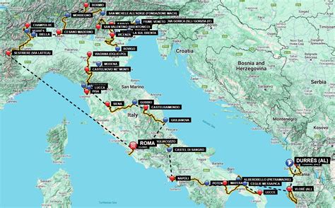 Thema: Kaart van de Giro d'Italia 2025 met start in Albanië en finish in Rome