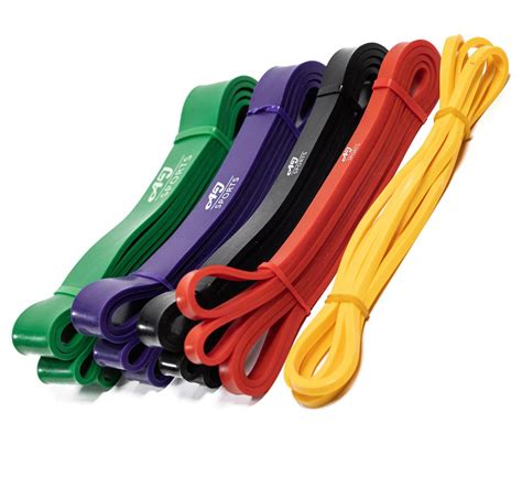 Afbeelding van verschillende weerstandsbanden (elastieken) van variërende weerstand.