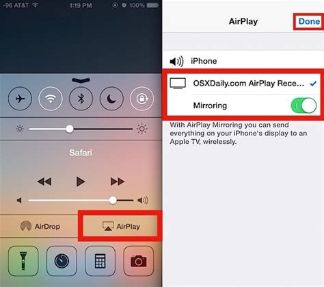 Illustratie van het AirPlay-icoon op een iPhone en de selectie van een TV.