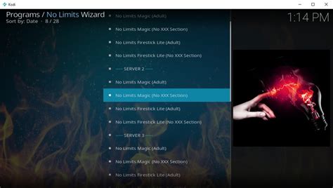 Screenshot van de Kodi interface met de No Limits Magic Build geïnstalleerd, die de Aeon Nox 5: Silvo skin toont.