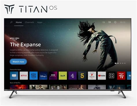 Screenshot van de Titan OS interface, met nadruk op de universele zoekfunctie en gepersonaliseerde aanbevelingen.