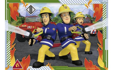 Illustratie van Brandweerman Sam en zijn team die een reddingsactie uitvoeren in Pontypandy.