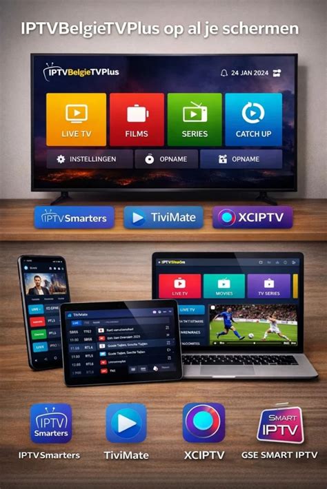 Illustratie van diverse apparaten (Smart TV, smartphone, tablet, mediabox) met IPTV-apps