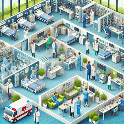 Schema van de verschillende afdelingen binnen een ziekenhuis