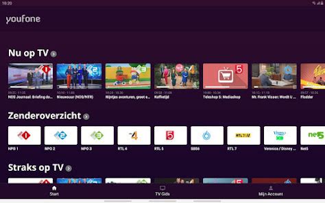 Screenshot van de Youfone TV App op een tablet, met live TV en opnameopties.