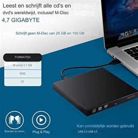 Illustratie van een externe DVD-brander aangesloten op een laptop met een USB-kabel.