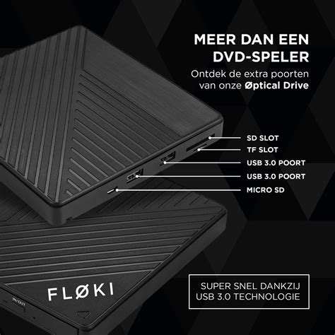 Infographic die de multifunctionele aspecten van de Floki 4in1 Externe DVD Speler & Brander toont (DVD/CD lezen/schrijven, USB-hub, SD/TF-kaartlezer).
