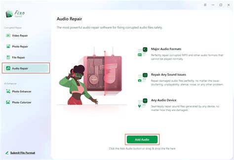 Screenshot van de EaseUS Fixo Audio Repair interface met opties voor het toevoegen en repareren van audiobestanden.