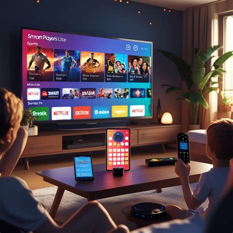 Illustratie van een modern smart TV-scherm met diverse content-iconen zoals sport, films en series.
