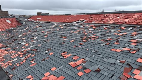 Foto van stormschade aan een dak, met losgewaaide dakpannen.