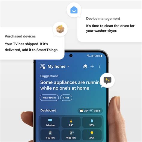 Screenshot van de SmartThings app interface op een smartphone, met de Samsung TV als verbonden apparaat.