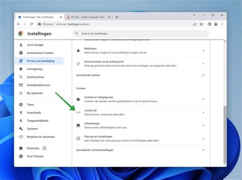 Schermopname van de instellingen voor JavaScript in Google Chrome.