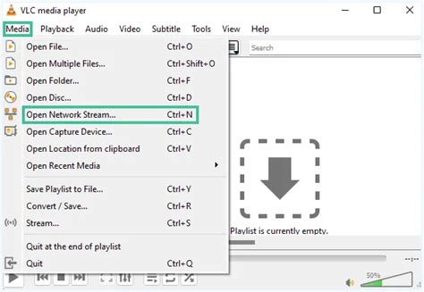 Screenshot van de VLC interface met de optie 'Netwerkstream openen' gemarkeerd