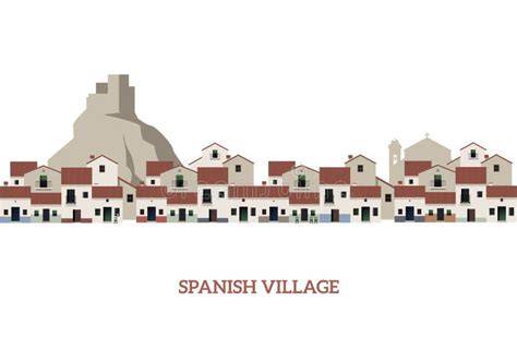 Illustratie van een zonnig Spaans dorp met witte huizen en bergen op de achtergrond