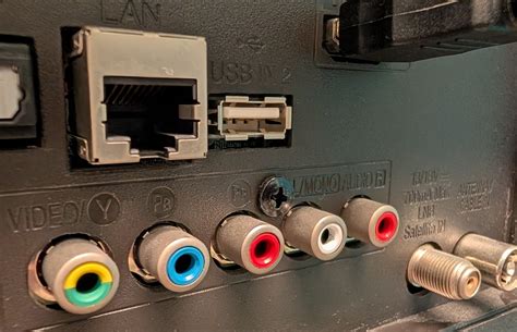 Close-up van een HDMI-connector en poort op een TV en DVD-speler.