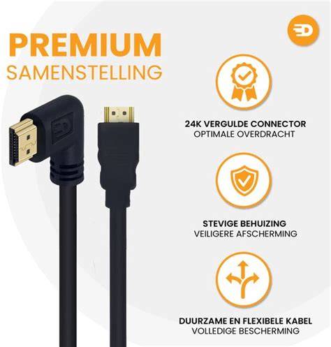 Illustratie van een haakse HDMI kabel die een televisie verbindt die vlak tegen de muur is gemonteerd.