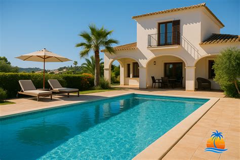 Een huis aan de kust in Spanje, gefotografeerd vanuit de tuin met bloeiende bougainvillea.
