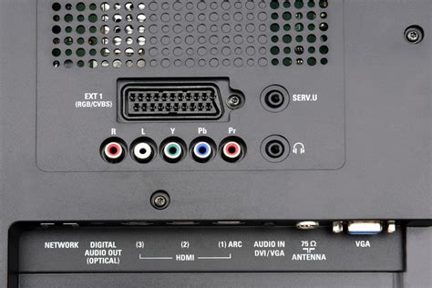 Detail van component video en audio aansluitingen op een DVD-speler en TV