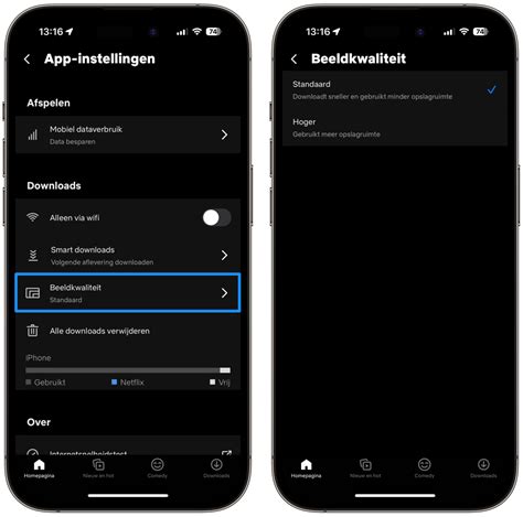 Screenshot van de Netflix-app die de optie voor beeldkwaliteit bij downloads toont.