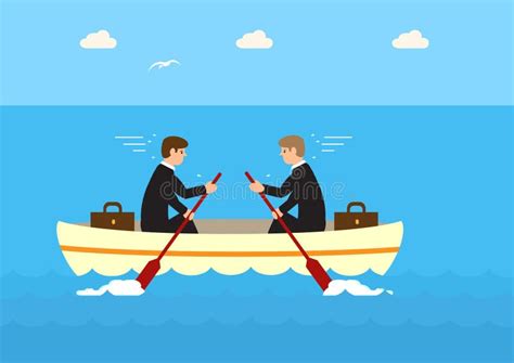 Illustratie van twee koeien die met roeien een boot voortbewegen.